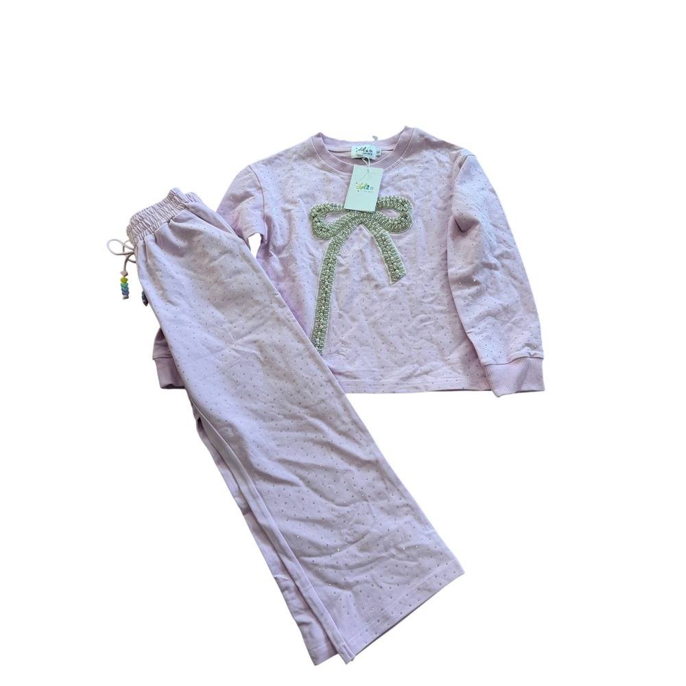 Lola & The Boys Pink Pearl Bow Rhinestone Sweatshirt & Pants Set NWT